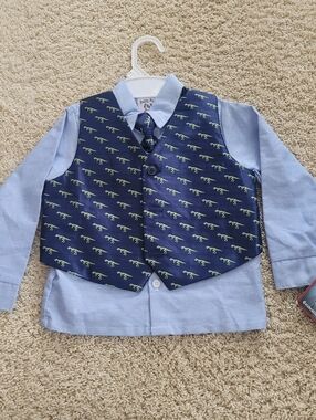 NWT Happy Fella Boys 4T Blue Dresshirt Navy Trex Dinosaur Vest & Tie
